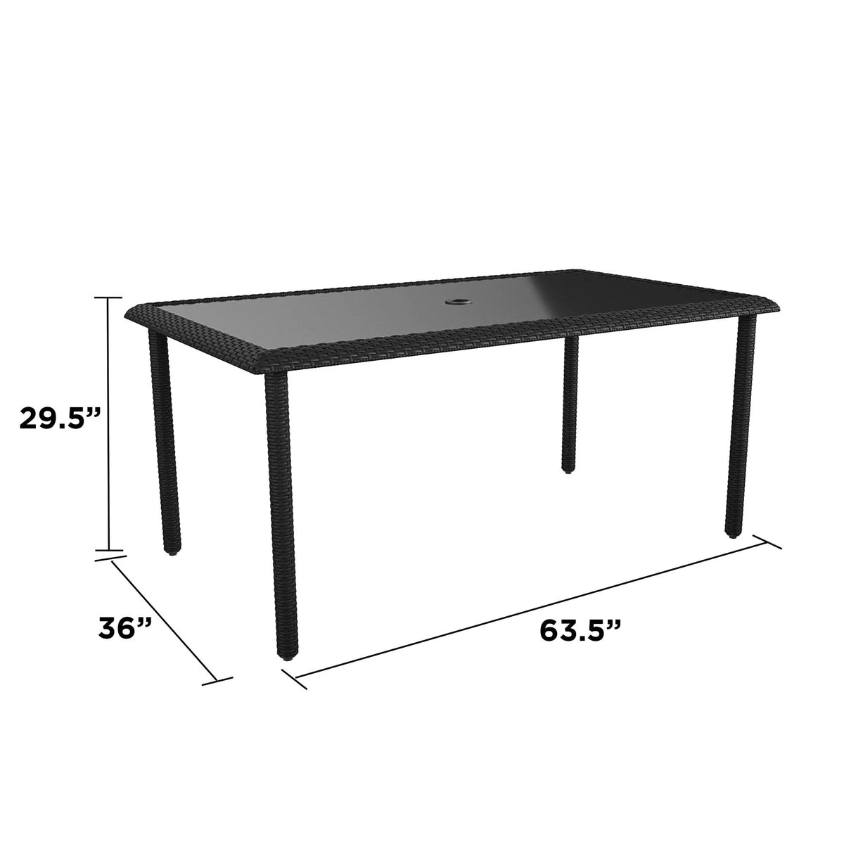 Black Wicker Dining Table with Glass Top and Umbrella Hole J354001