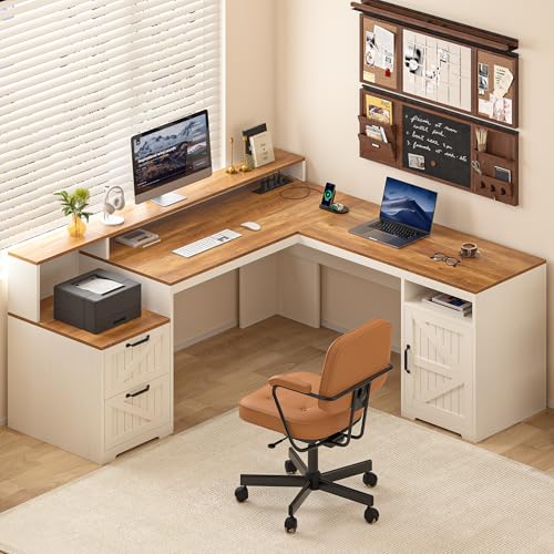 63" L Shaped Executive Desk with Drawers & Storage Shelf, Antique White H8041