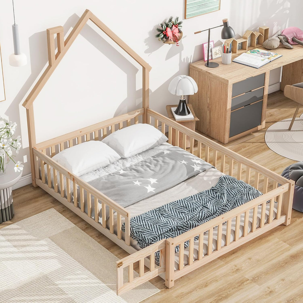 Natural Full Size Floor Bed Frame with Fence and Door N93183
