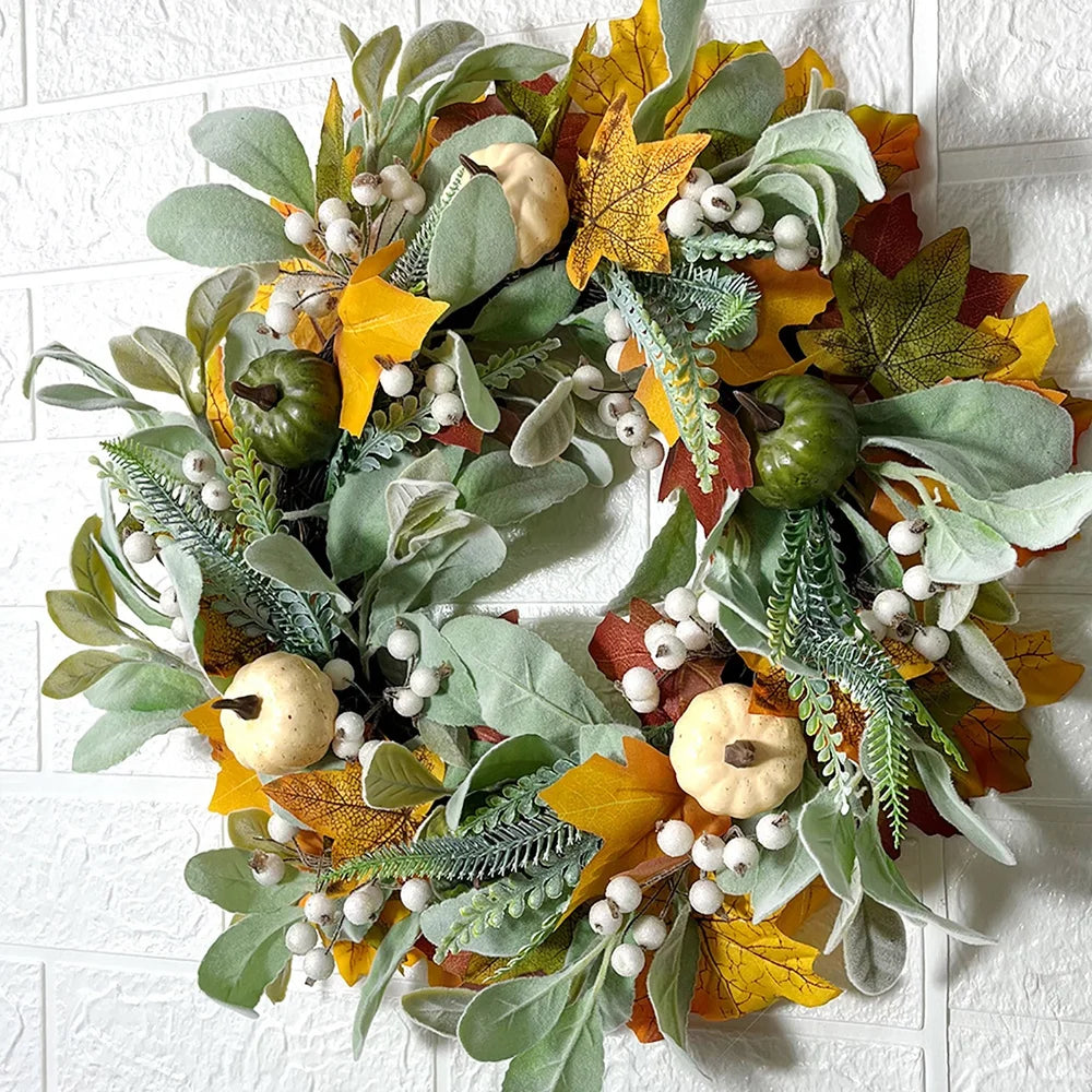 17 Inch Autumn Maple Leaf Pumpkin Berry Wreath A636