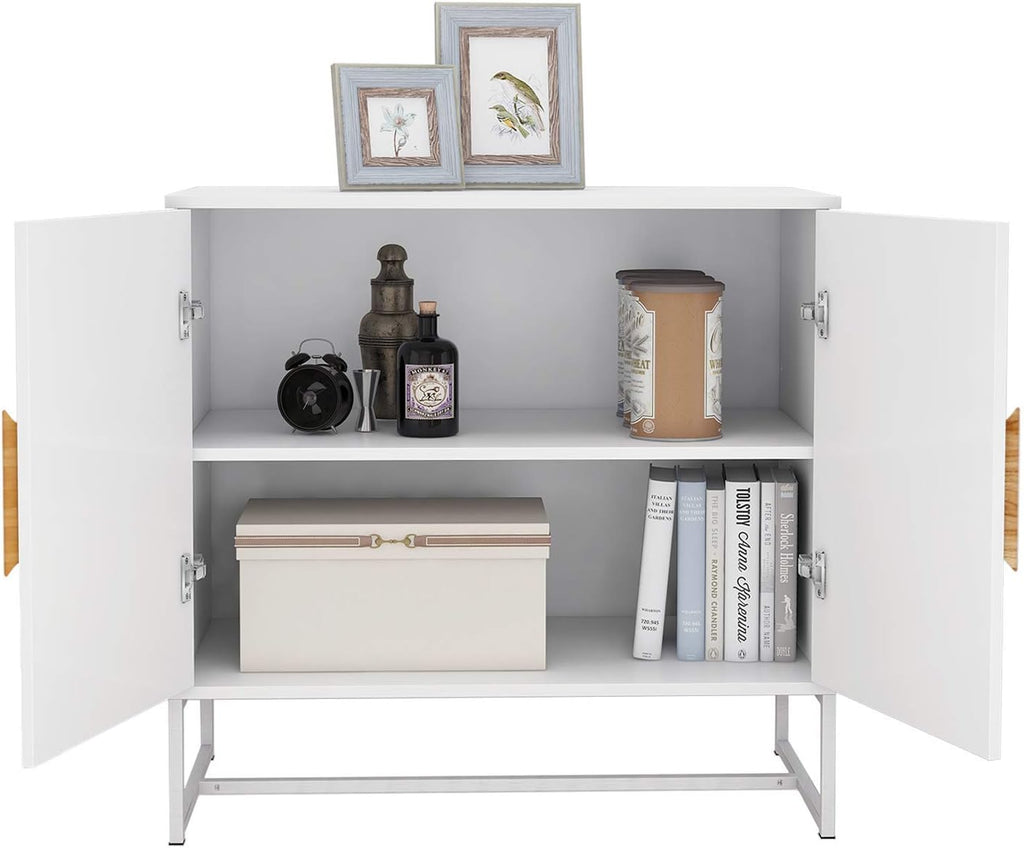 White 2 Door Sideboard with Solid Wood Handles and Metal Legs N402