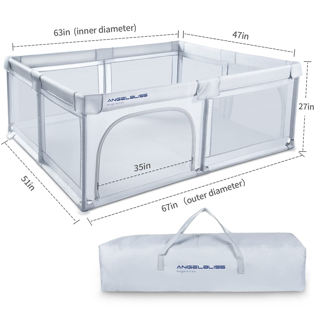 Grey 63”x47” Baby Playpen with Breathable Mesh Y4947