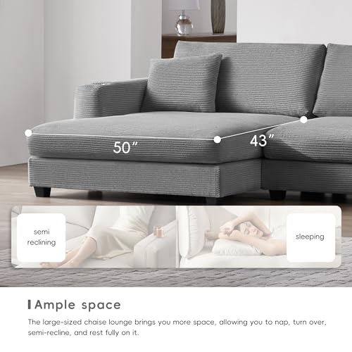 Beige Oversized Corduroy L Shaped Sectional Sofa with Chaise G37915