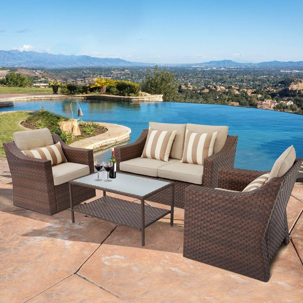 4-Piece All Weather Wicker Patio Furniture Set with Glass Coffee Table P12772