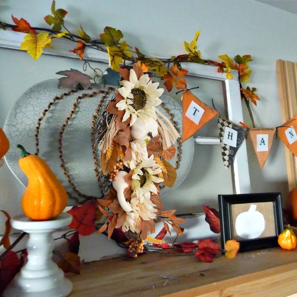 20 Inch Artificial Hanging Vine with Pumpkin Pine Cone Silk Flowers Fall Decor N772035