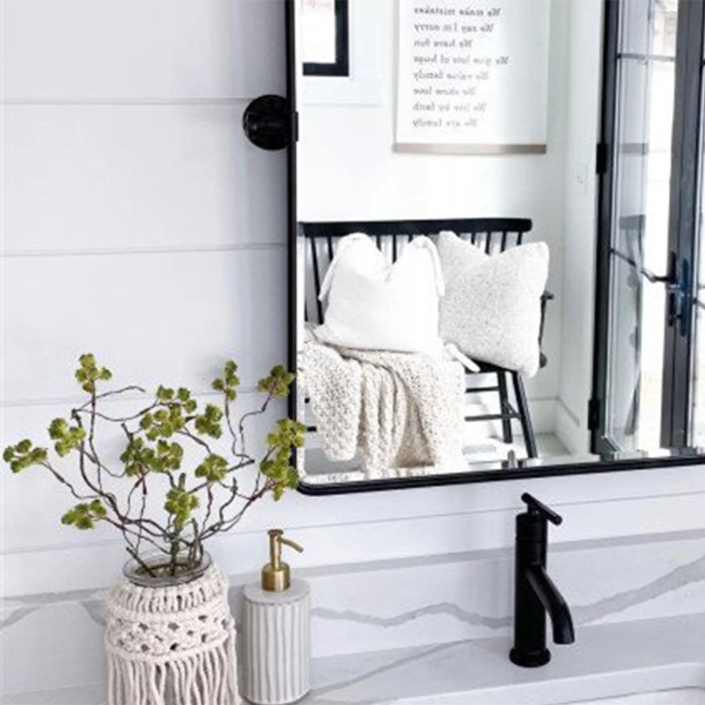 Black Metal Framed Tilting Beveled Rectangle Bathroom Mirror 23x35" V882