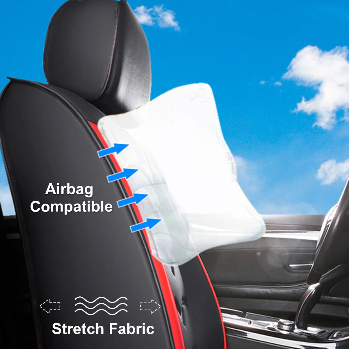 Black & Red Waterproof Leather Car Seat Covers Full Set C2498