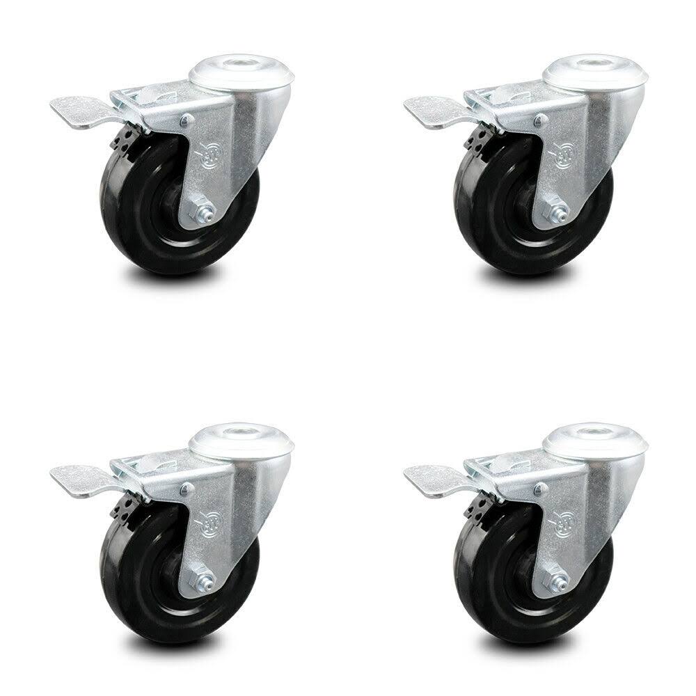 4 inch Hard Rubber Wheel Swivel Bolt Hole Caster Set with Total Lock Brake I48668