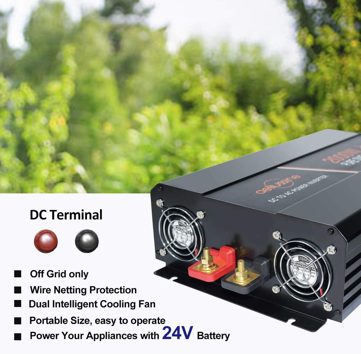 2000 Watt Pure Sine Wave Power Inverter 24V DC to AC 120V with LCD Display D41656