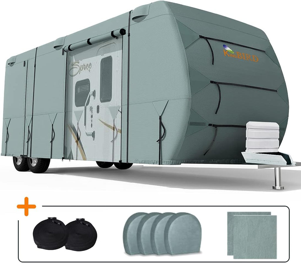 Extra-Thick 4 Layers Travel Trailer RV Cover, Fits 30'-33' Motorhome with 2Pcs Extra Straps & 4 Tire Covers A944