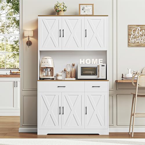 Black Tall Pantry Cabinet with Charging Station and Microwave Stand M6366