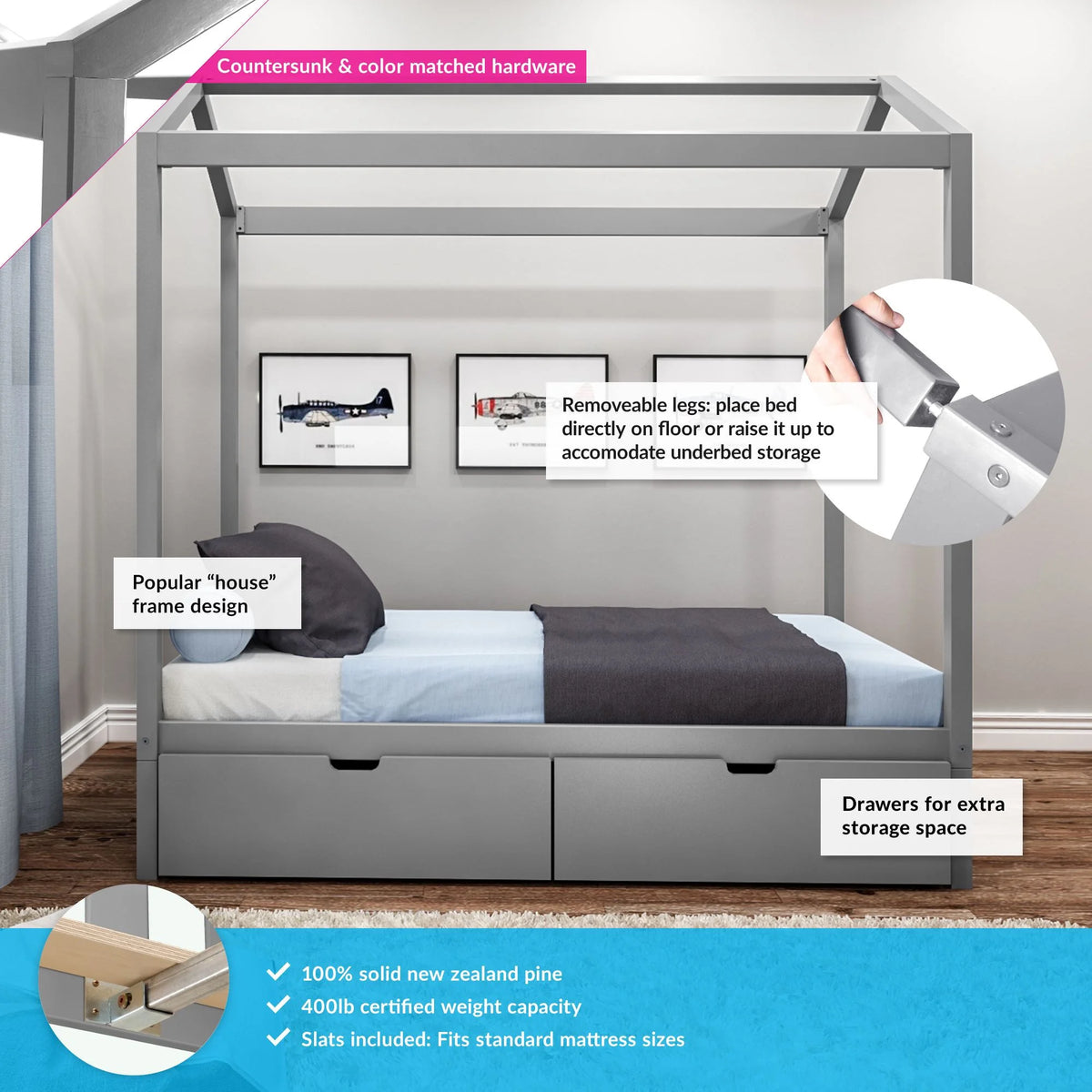 Twin Size Grey Wooden House Bed Frame with Storage Drawers M8074