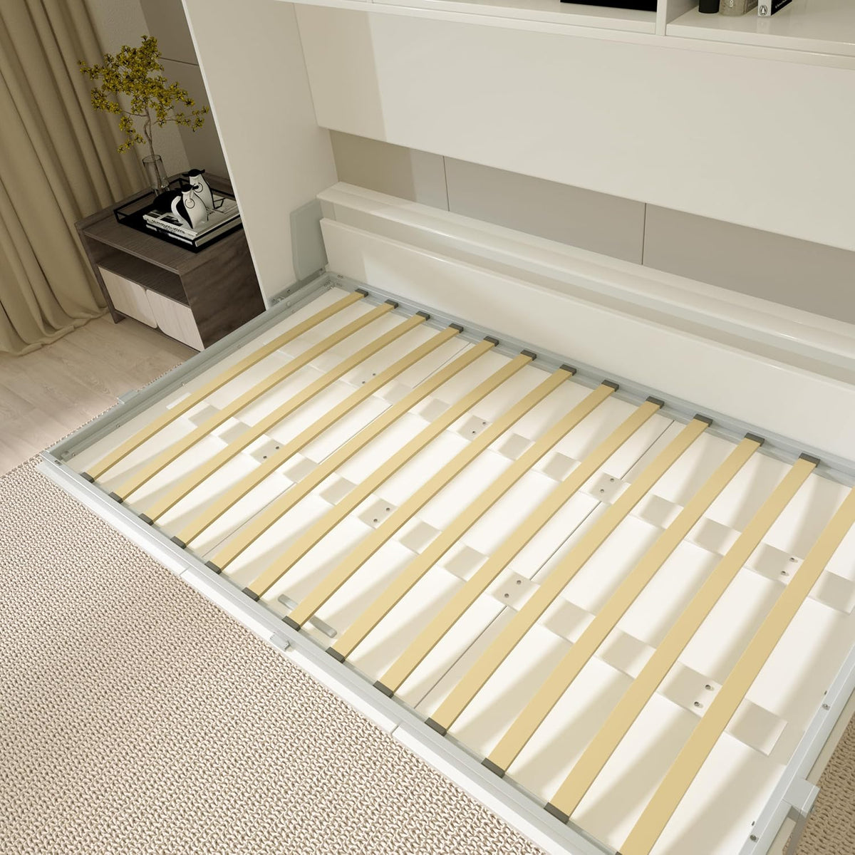 White Twin Size Wall Bedframe with Six Storage Shelf U8709
