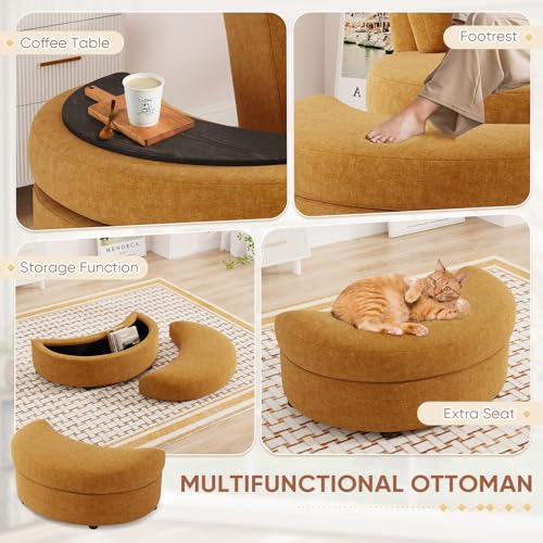 Oversized Orange Chenille Swivel Accent Chair with Storage Ottoman F905