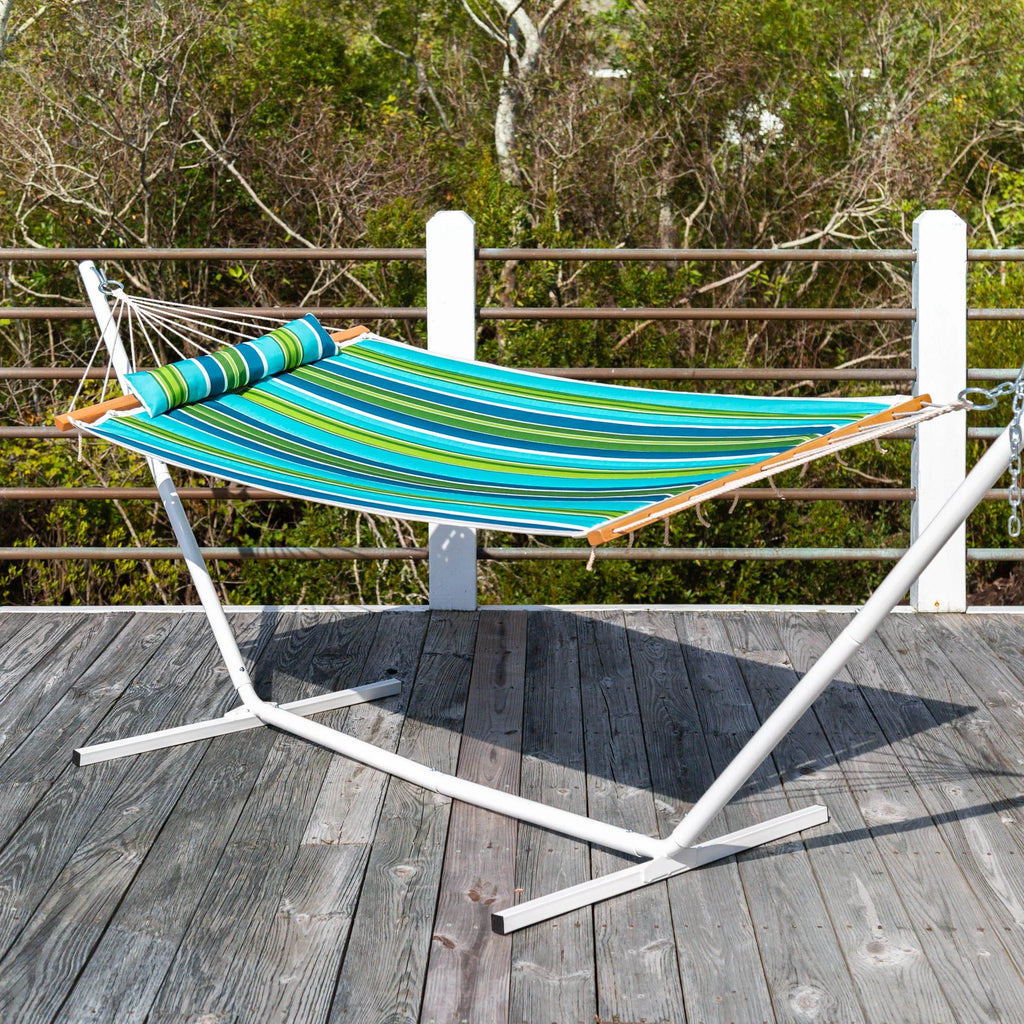 Blue and Green Stripe Quilted Hammock with Stand and Pillow I13449