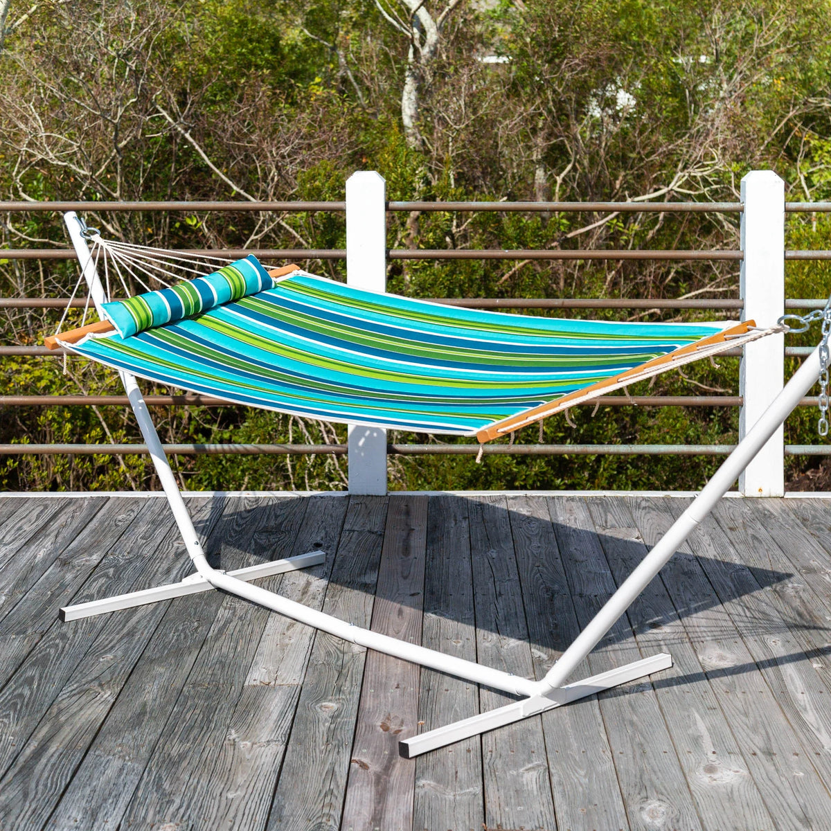 Blue and Green Stripe Quilted Hammock with Stand and Pillow I13449
