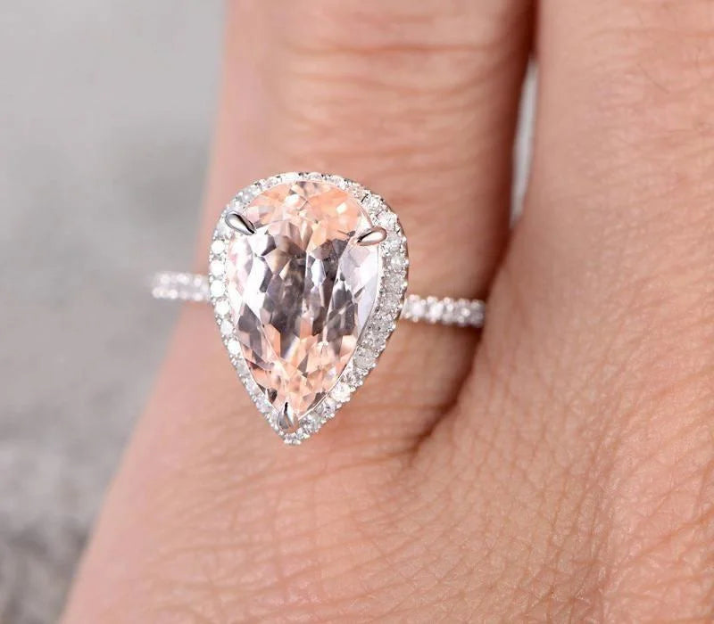 Pear Cut Morganite and Diamond Moissanite Halo Engagement Ring with 18k Gold Plating K3416