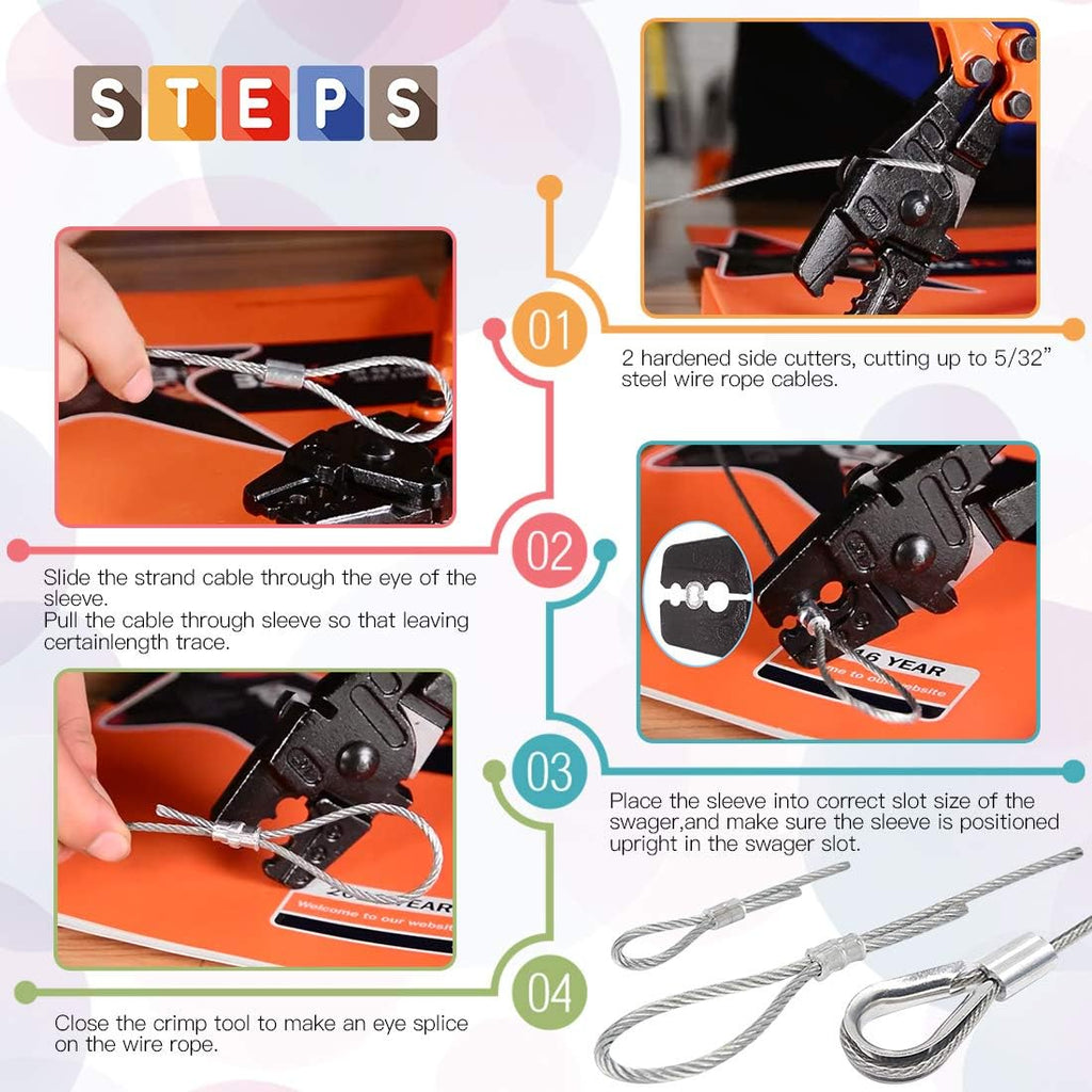 14'' Wire Rope Crimping Tool with Crimp Ferrules and Cable Thimbles W176239