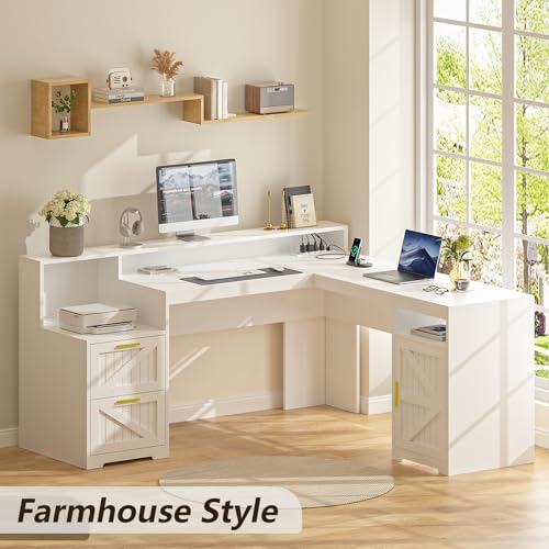 63" L Shaped Executive Desk with Drawers & Storage Shelf, Antique White H8041
