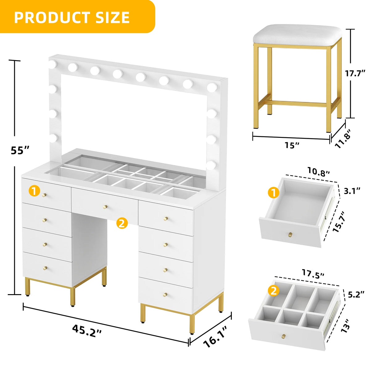 Gold and White Vanity Table with 9 Drawers F5452