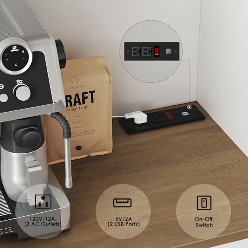 Black Tall Pantry Cabinet with Charging Station and Microwave Stand M6366