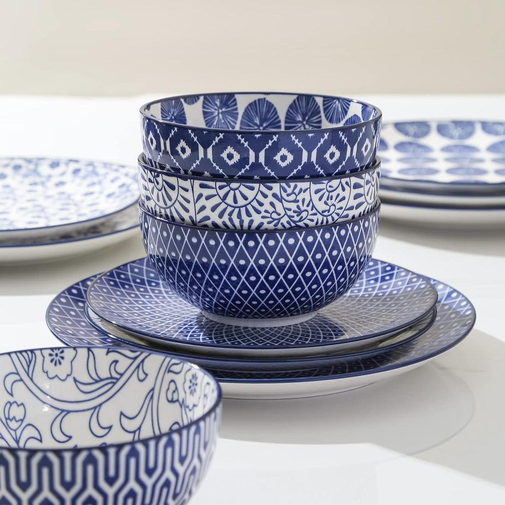 12 Piece Ceramic Dinnerware Set with 8 OZ Cappuccino Cup and Saucers, Vintage Blue H226530