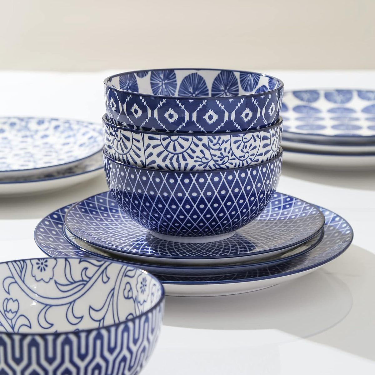 12 Piece Ceramic Dinnerware Set with 8 OZ Cappuccino Cup and Saucers, Vintage Blue H226530