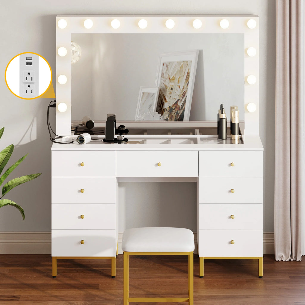 Gold and White Vanity Table with 9 Drawers F5452