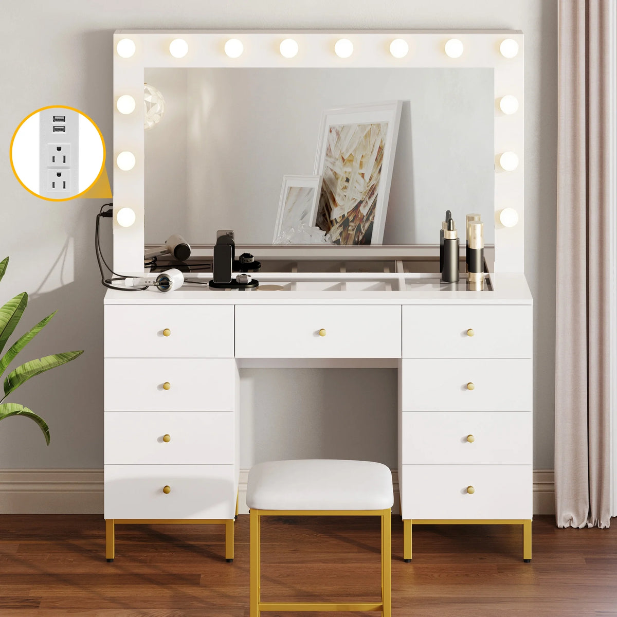 Gold and White Vanity Table with 9 Drawers F5452