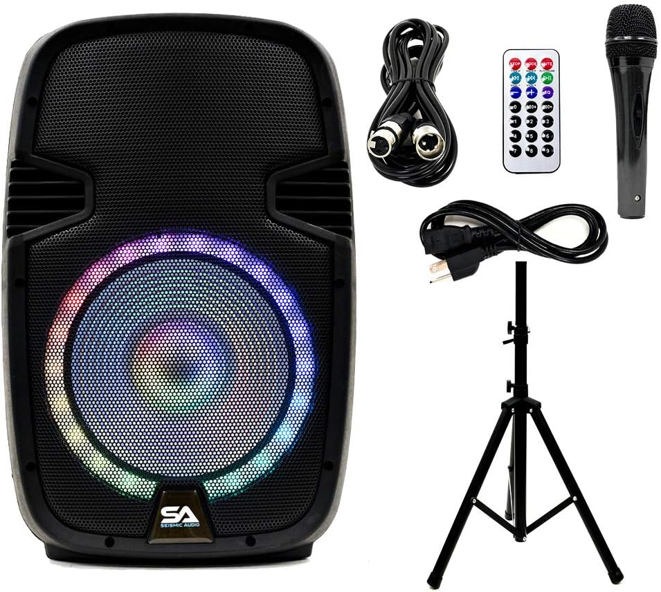 Active 10 Inch DJ Karaoke Party Speaker with Stand, Bluetooth, LED Lights, Microphone, Cable and Remote X67352