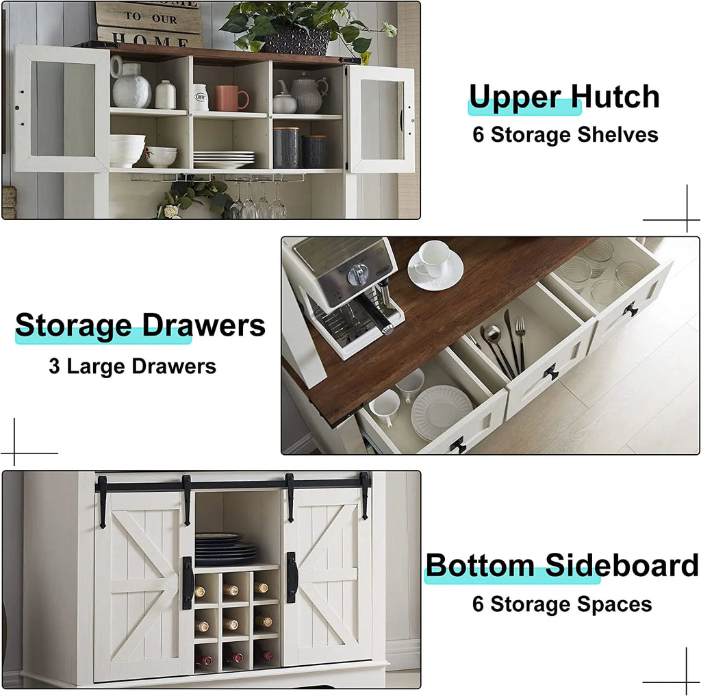Antique White Wood Bar Cabinet with Sliding Barn Door and Hutch T1147