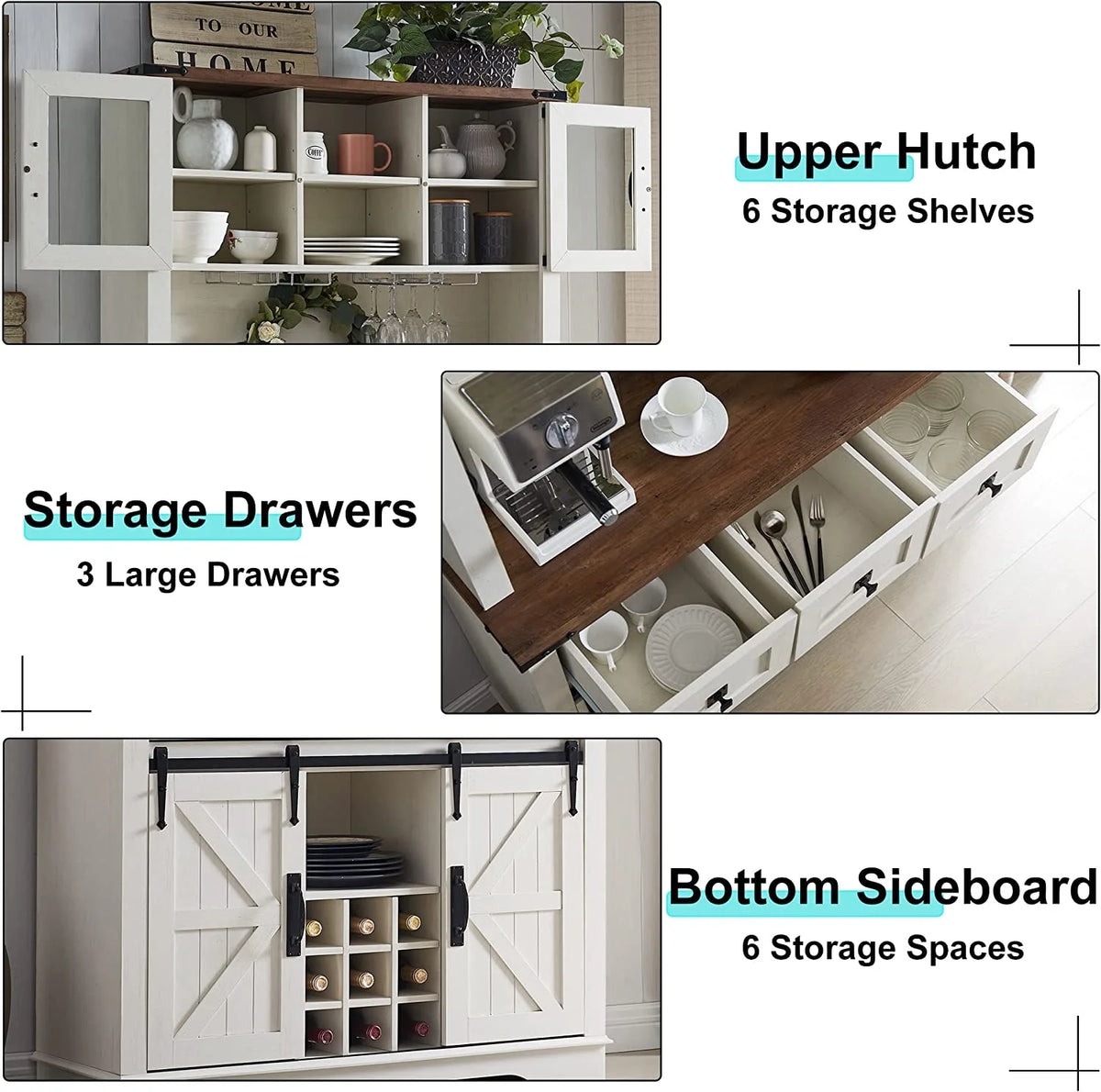 Antique White Wood Bar Cabinet with Sliding Barn Door and Hutch T1147