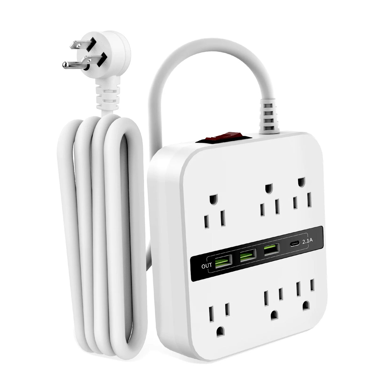6 Outlets 4 USB Ports Surge Protector Power Strip with 6.6ft White Flat Extension Cord R5008