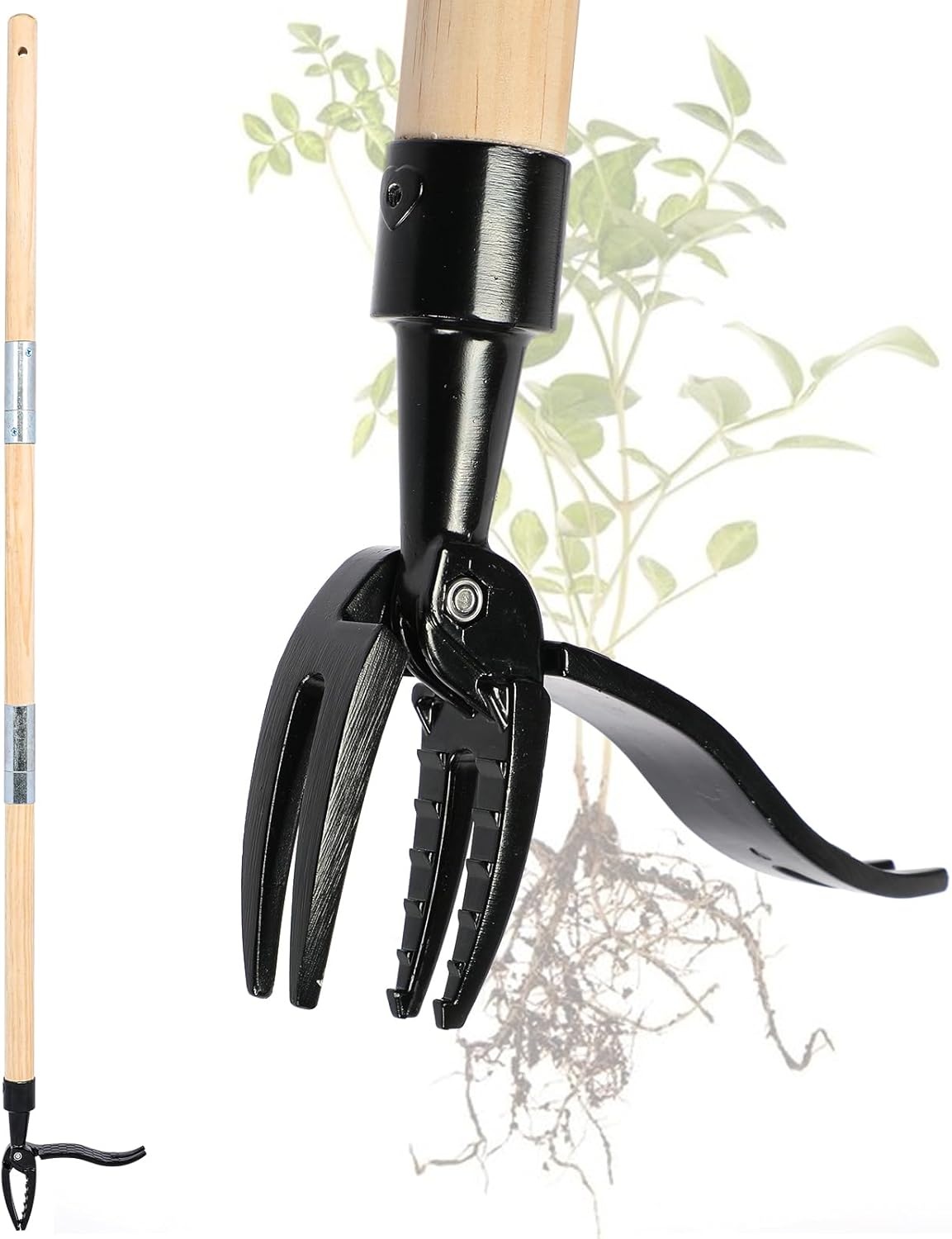 Manual Weeder, Weed Remover Tool with Long Handle - Real Wood & 4-Claw Steel Head U12825