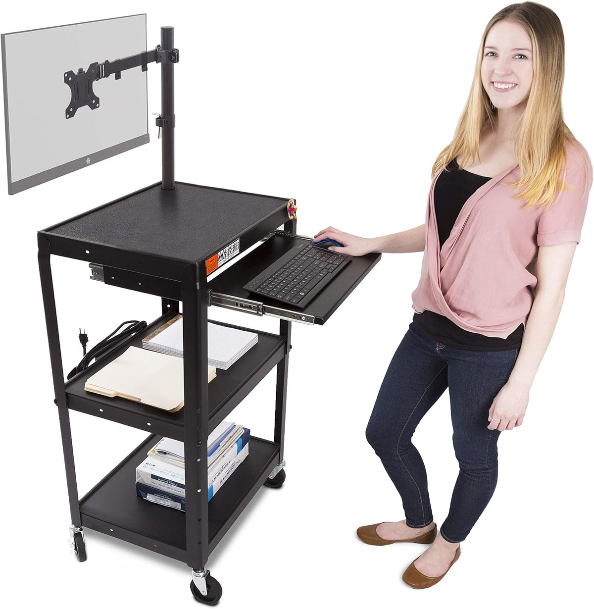 Black Mobile Workstation Computer Cart with Keyboard Tray and Laptop Stand E327570