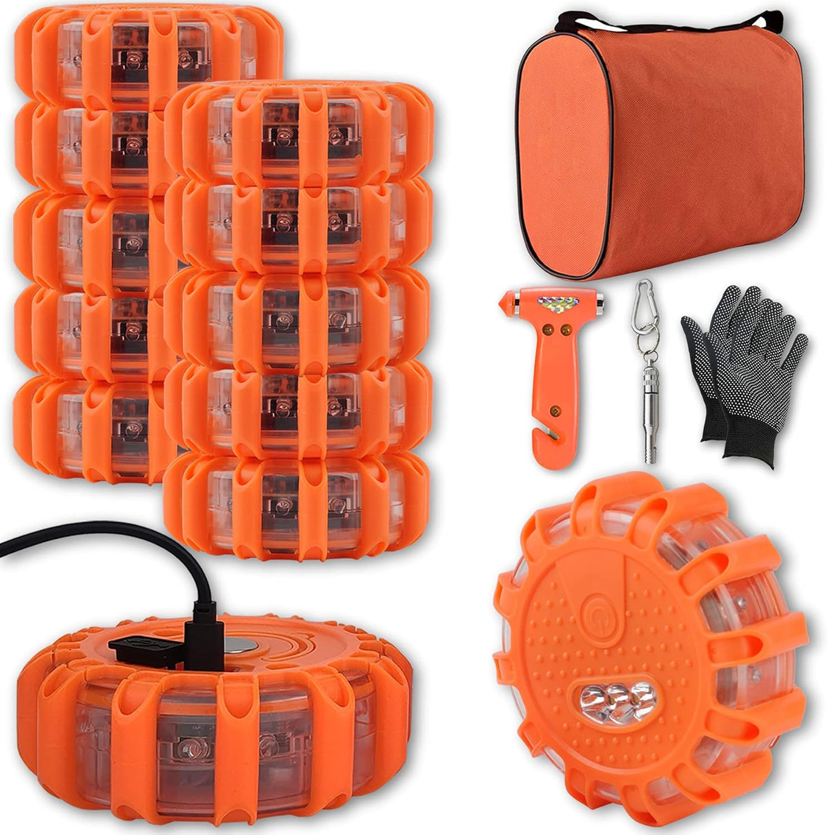 USB Rechargeable LED Road Flares Emergency Kit with Magnetic Hazard Lights Window Breaker Survival Whistle O290