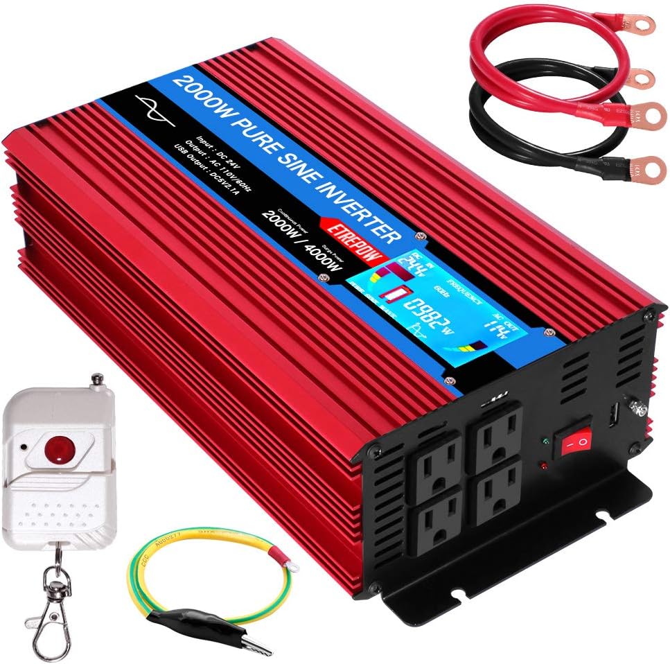 2000 Watt Pure Sine Wave Power Inverter 24V to 110V 120V with LCD Display, Wireless Remote Control, 4 AC Sockets, 2.1A USB Port, Dual Fans D4741