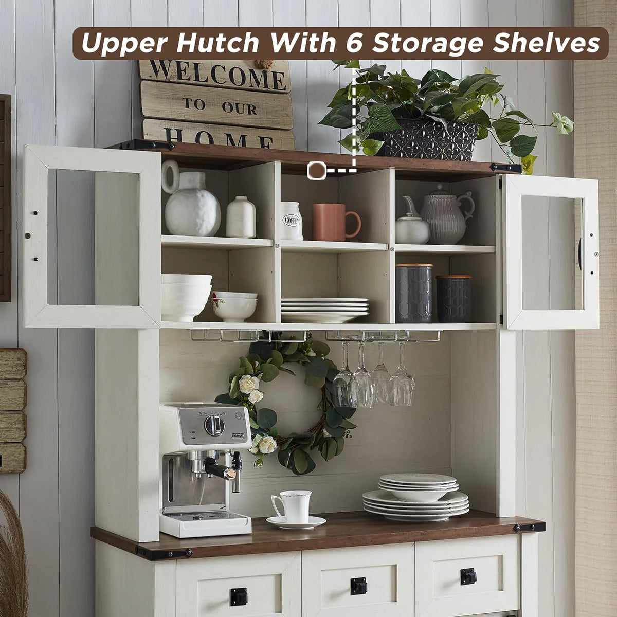 Antique White Wood Bar Cabinet with Sliding Barn Door and Hutch T1147