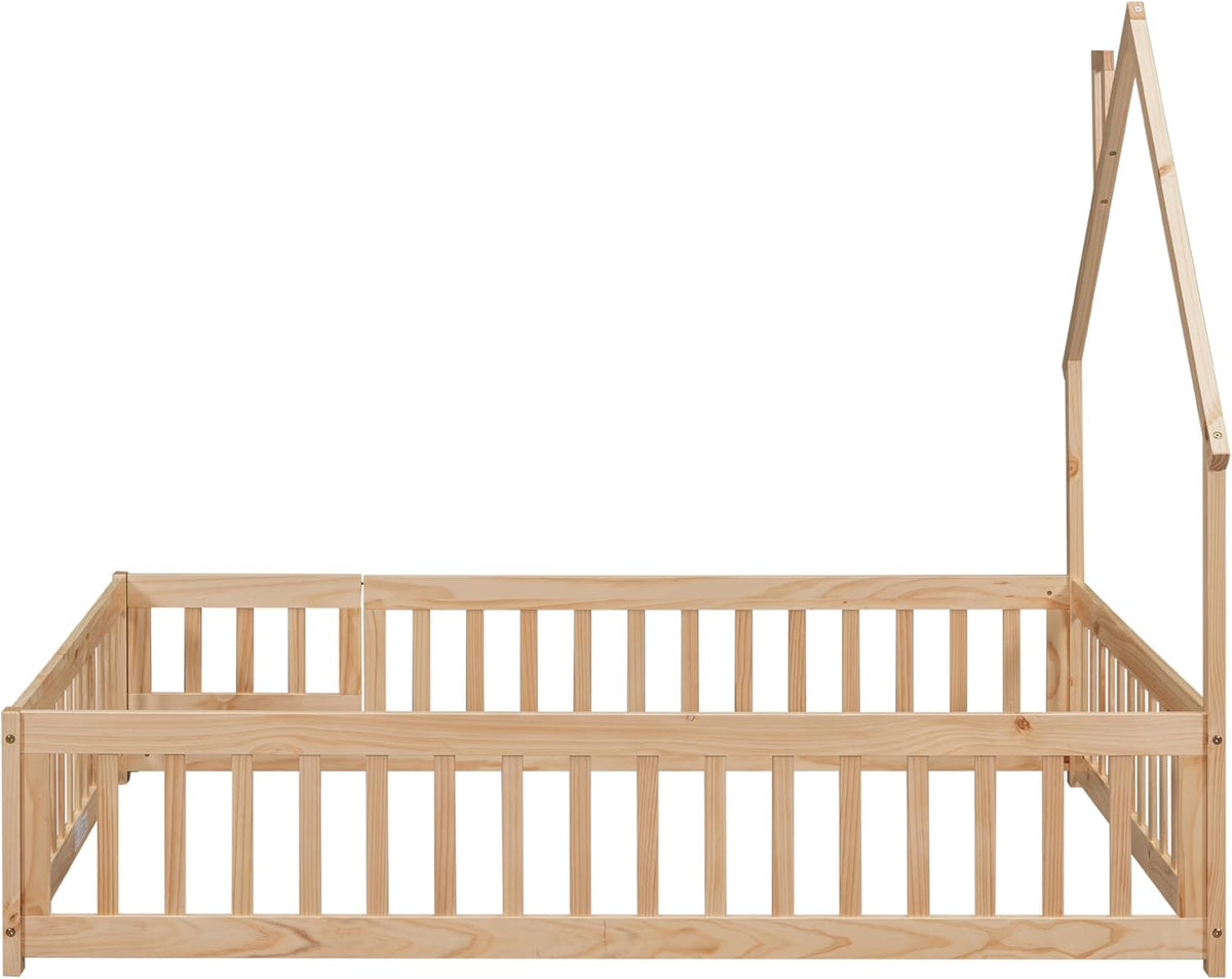 Natural Full Size Floor Bed Frame with Fence and Door N93183