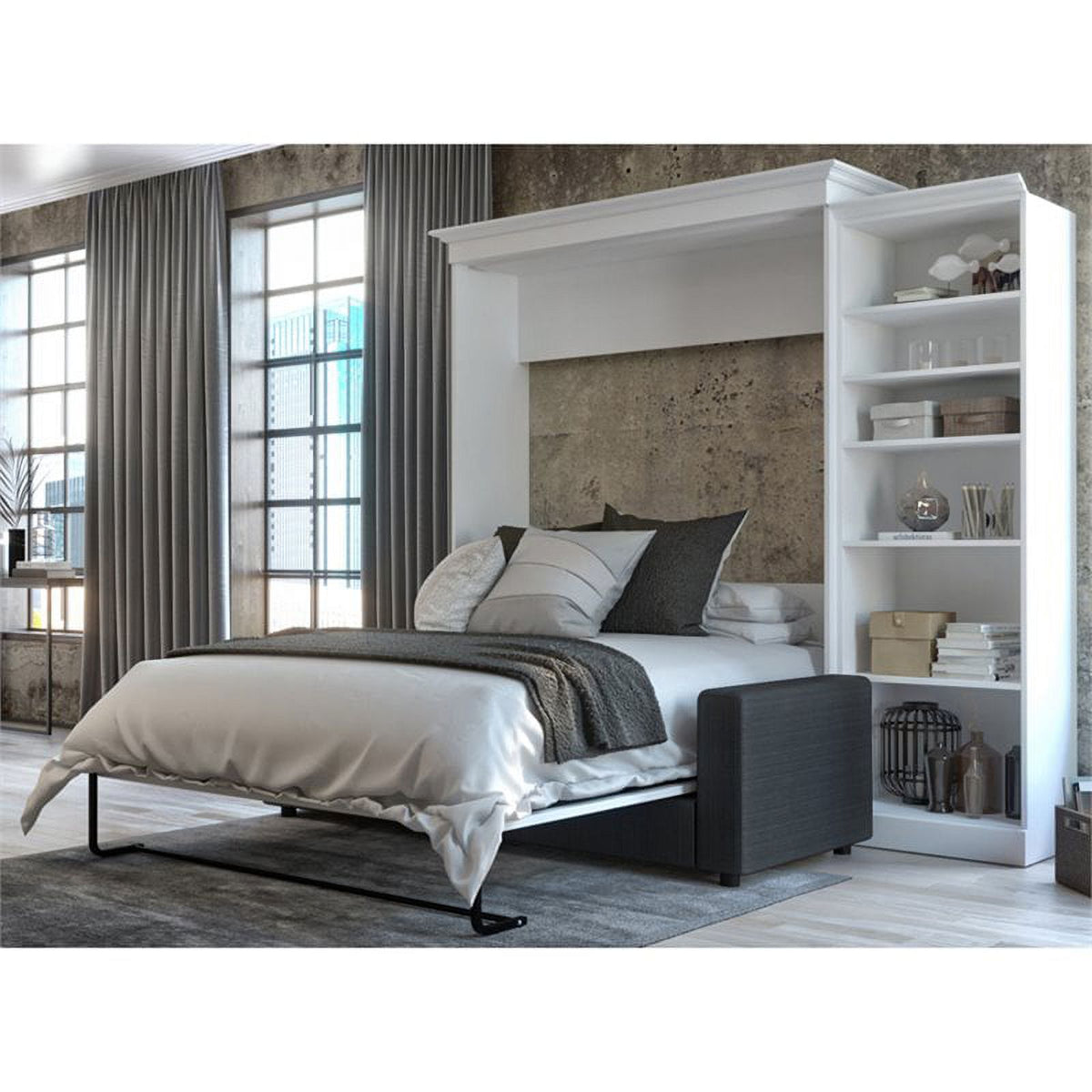 White Gray Wood Queen Murphy Bed with Sofa X82024