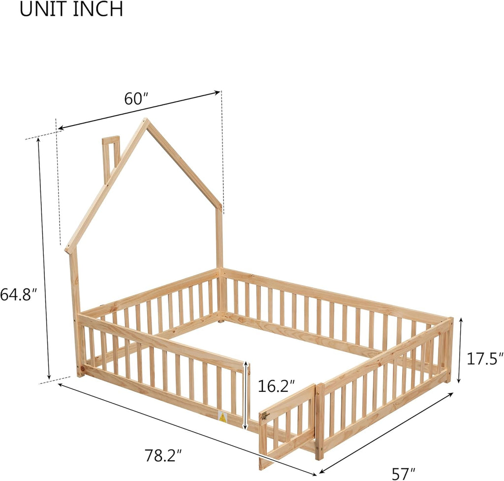 Natural Full Size Floor Bed Frame with Fence and Door N93183