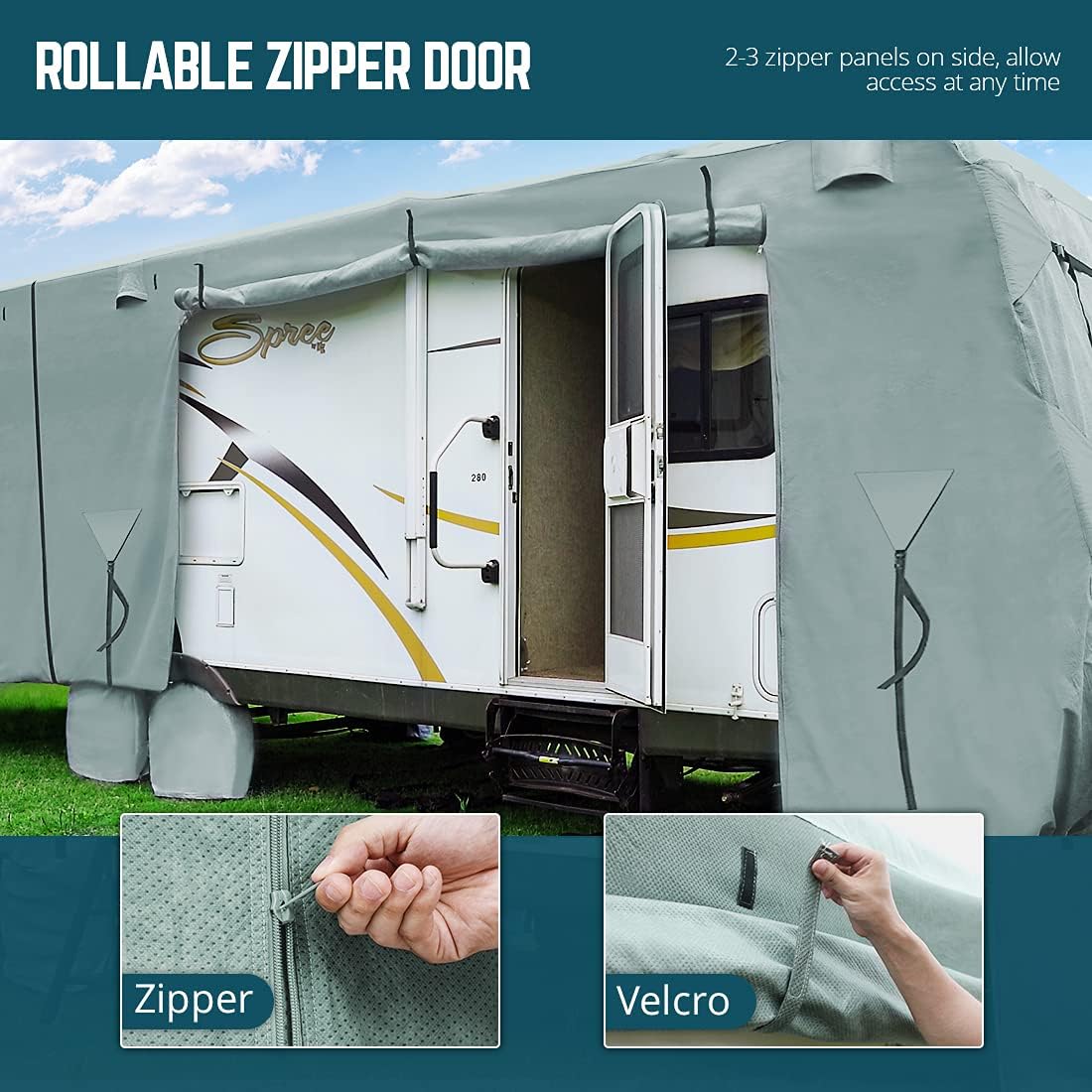 Extra-Thick 4 Layers Travel Trailer RV Cover, Fits 30'-33' Motorhome with 2Pcs Extra Straps & 4 Tire Covers A944
