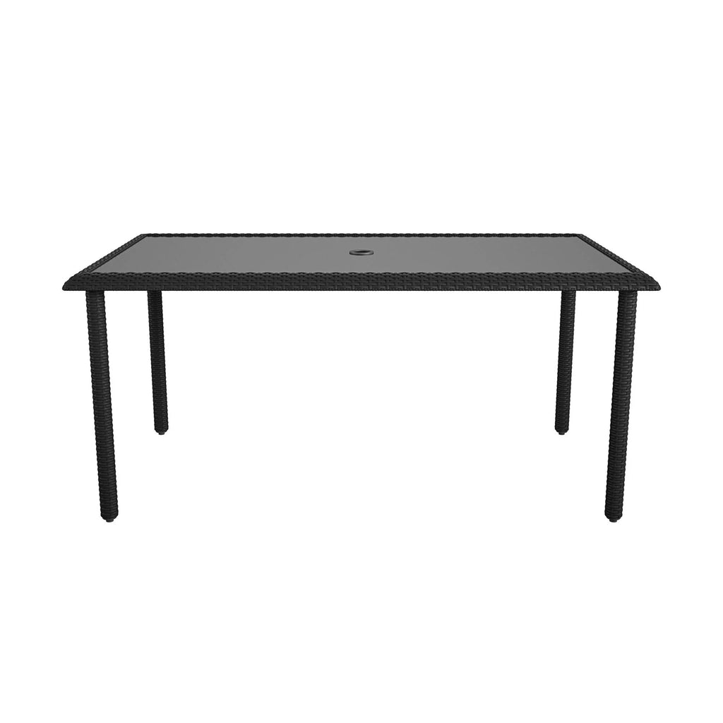 Black Wicker Dining Table with Glass Top and Umbrella Hole J354001