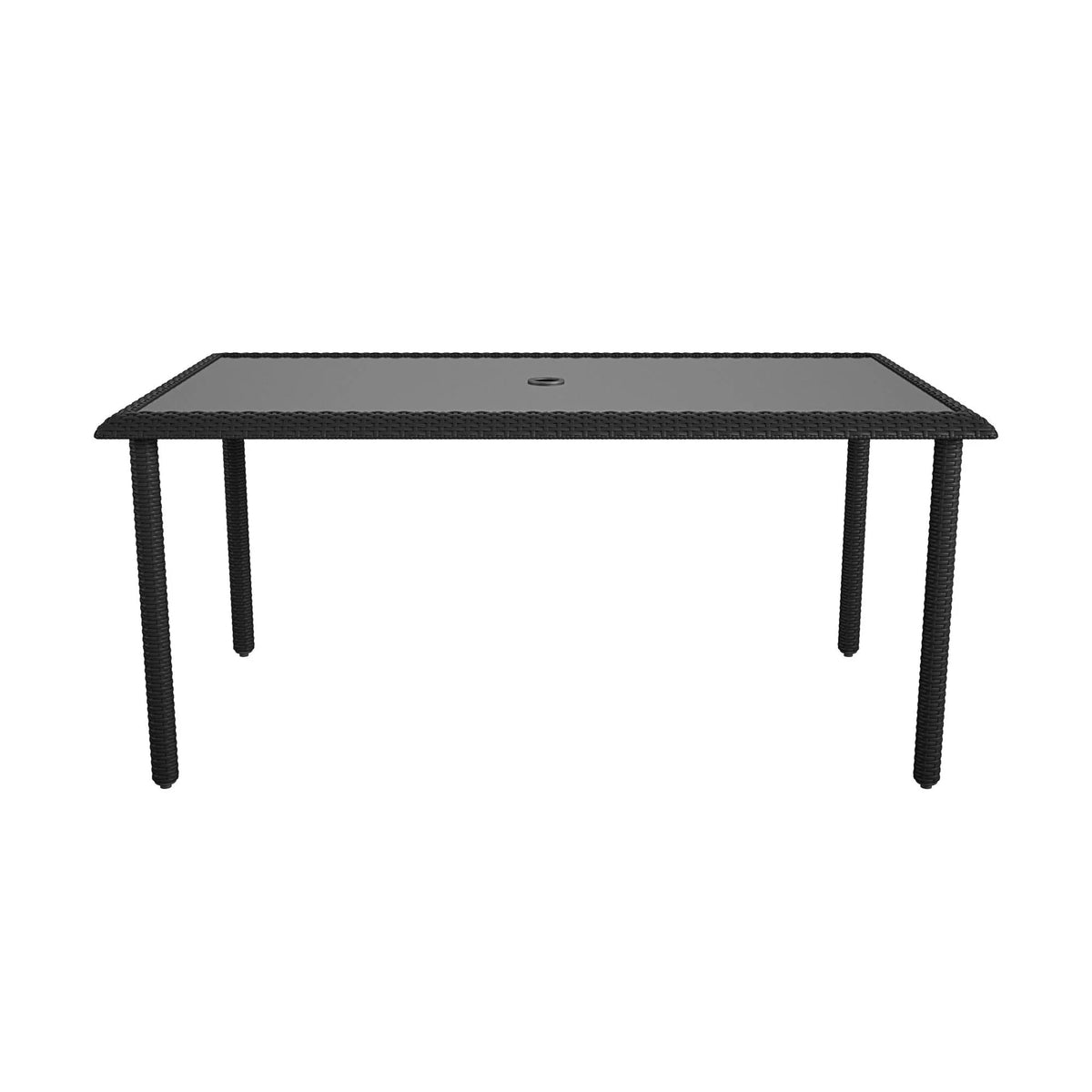 Black Wicker Dining Table with Glass Top and Umbrella Hole J354001