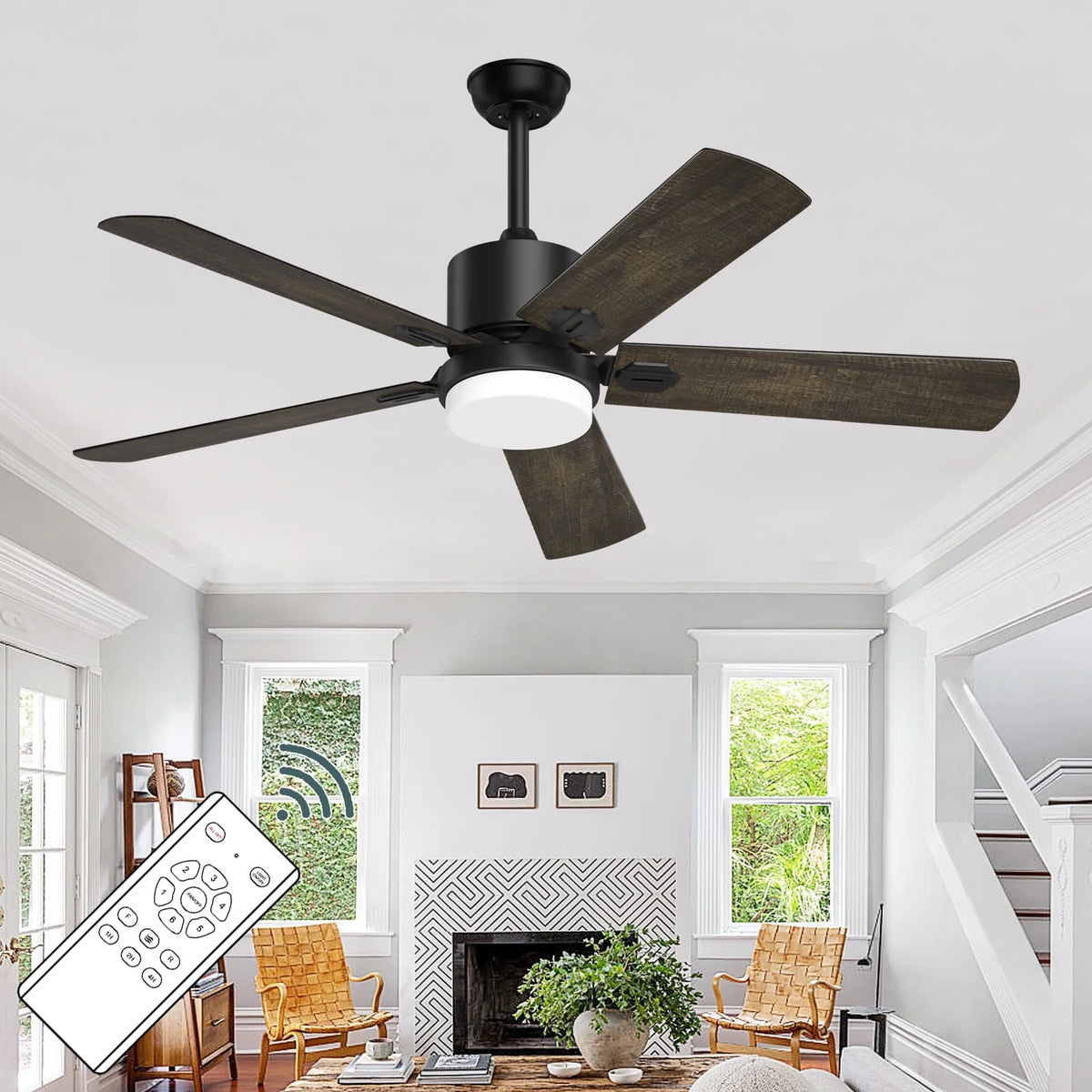 Ceiling Fan with Light and Remote Control, 52 '' Reversible 5 Wood Fan Blades L110