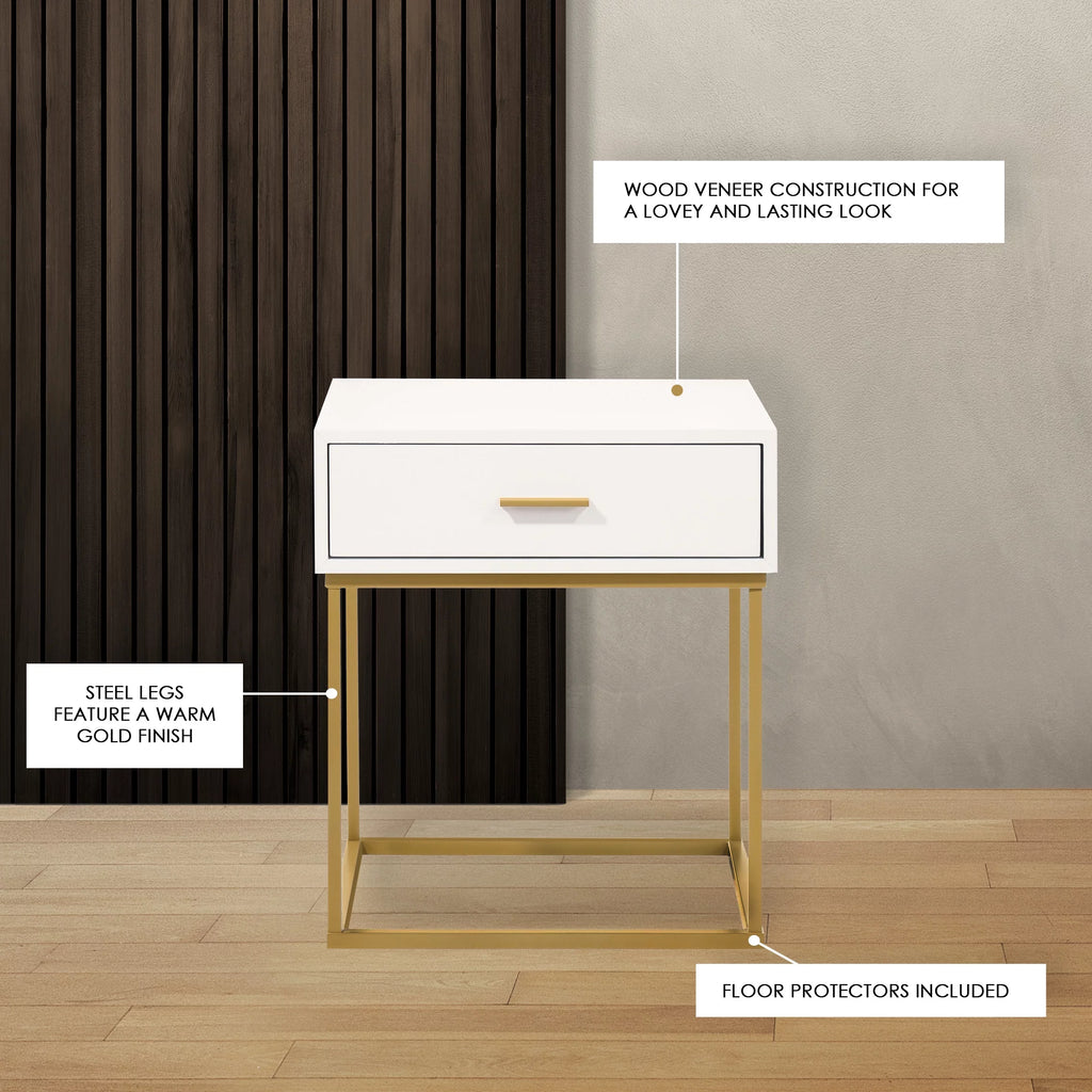 White 1-Drawer Nightstand with Gold Metal Legs K4019