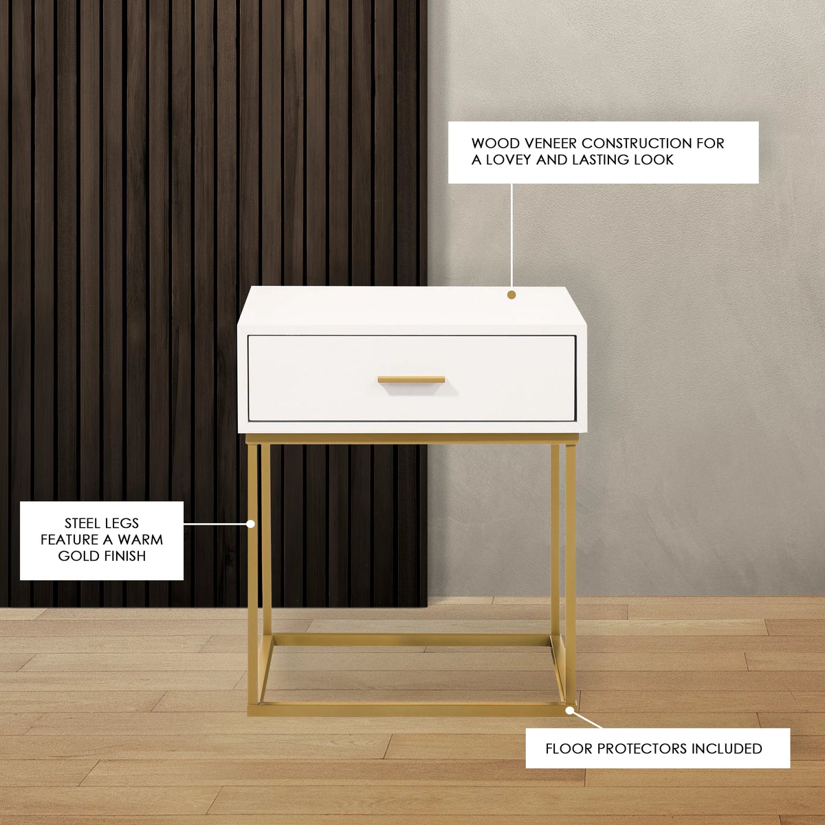 White 1-Drawer Nightstand with Gold Metal Legs K4019