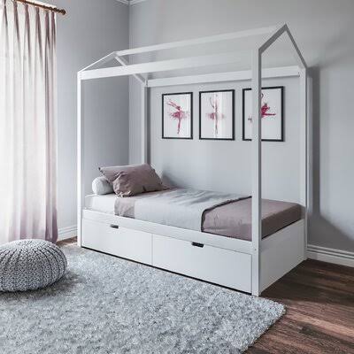 Twin 2 Drawer Solid Wood Canopy Bed Frame White Q781242