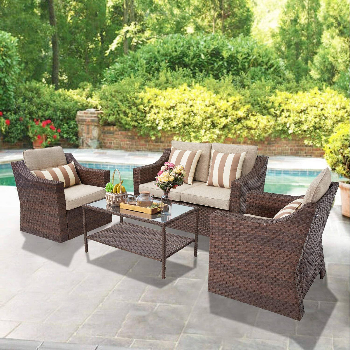 4-Piece All Weather Wicker Patio Furniture Set with Glass Coffee Table P12772