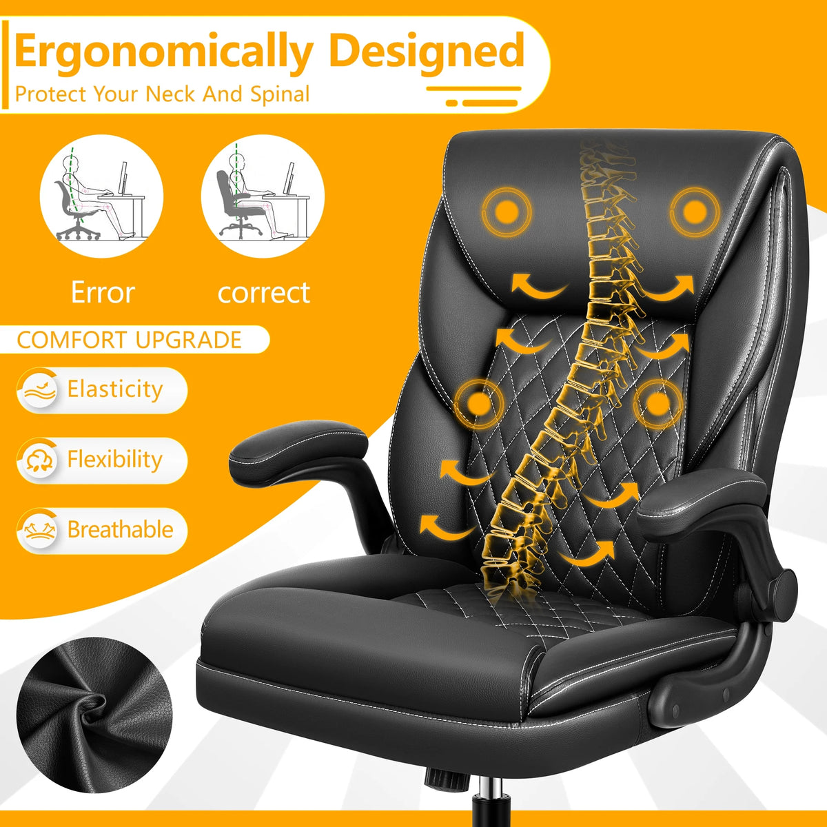 Executive Leather Ergonomic Office Chair with Flip-Up Arms Y52155